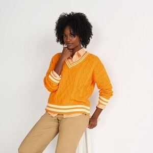 Lands' End Women Drifter Cable V Neck Sweater Sz 2X Yellow White Academia School